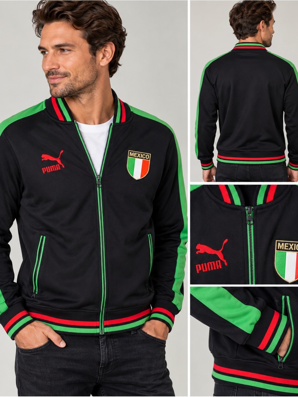 PUMA Mexico Men’s Track Jacket Black Green Red Full Zip Size M